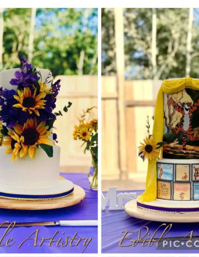 Beautiful floral cake and playful Winnie the Pooh-inspired cake with cheerful sunflower accents