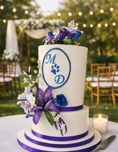 Elegant white wedding cake with purple floral accents and monogram detailing
