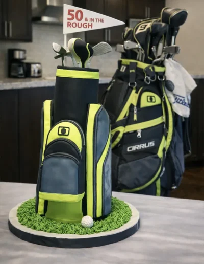 Custom golf bag cake with realistic golf club and sports detailing