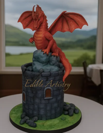 Custom dragon cake with castle tower and fantasy-themed detailing