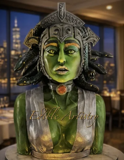 Custom Medusa sculpted cake with snake hair and fantasy detailing