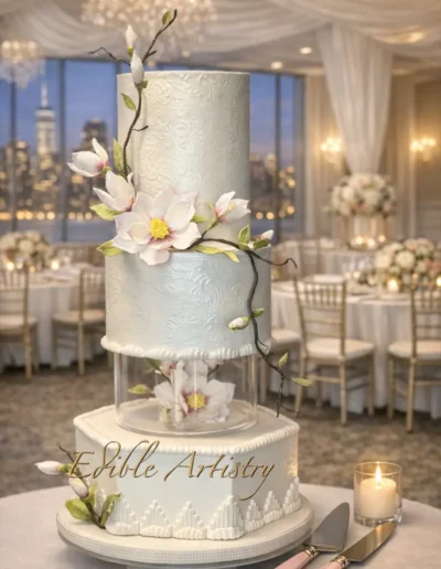 Elegant white wedding cake with floral detailing and luxury tiered design