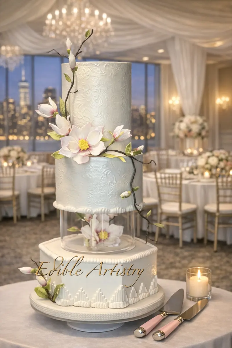 Elegant white wedding cake with floral detailing and luxury tiered design