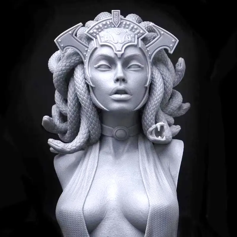 Inspiration design of a Medusa-inspired fantasy sculpture with detailed serpent hair and a metallic headpiece