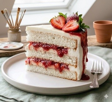 Vanilla bean cake layered with fresh strawberry compote and light, creamy buttercream