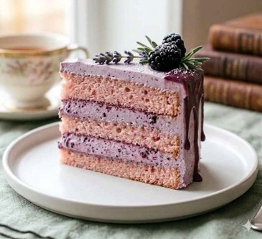 Champagne-infused lavender cake with blackberry cream filling and delicate floral notes