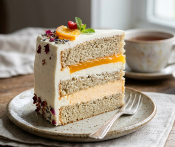 Earl Grey-infused citrus cake with orange curd, silky cream layers, and Swiss meringue buttercream