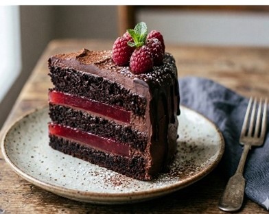 Dark chocolate raspberry cake layered with rich Belgian chocolate buttercream and homemade raspberry filling