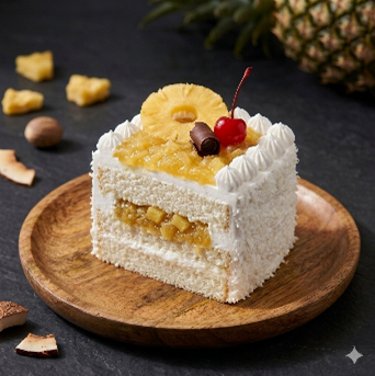Coconut velvet cake with pineapple coulis and tropical-inspired creamy layers