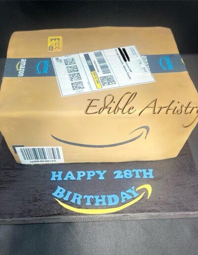 Fun novelty cake designed as a realistic Amazon delivery box