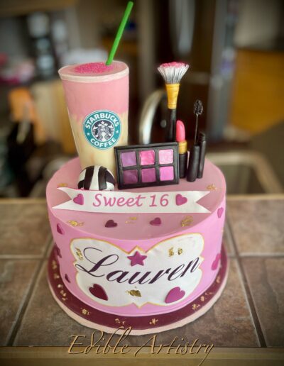Pink Sweet 16 cake with makeup and coffee-themed edible decorations