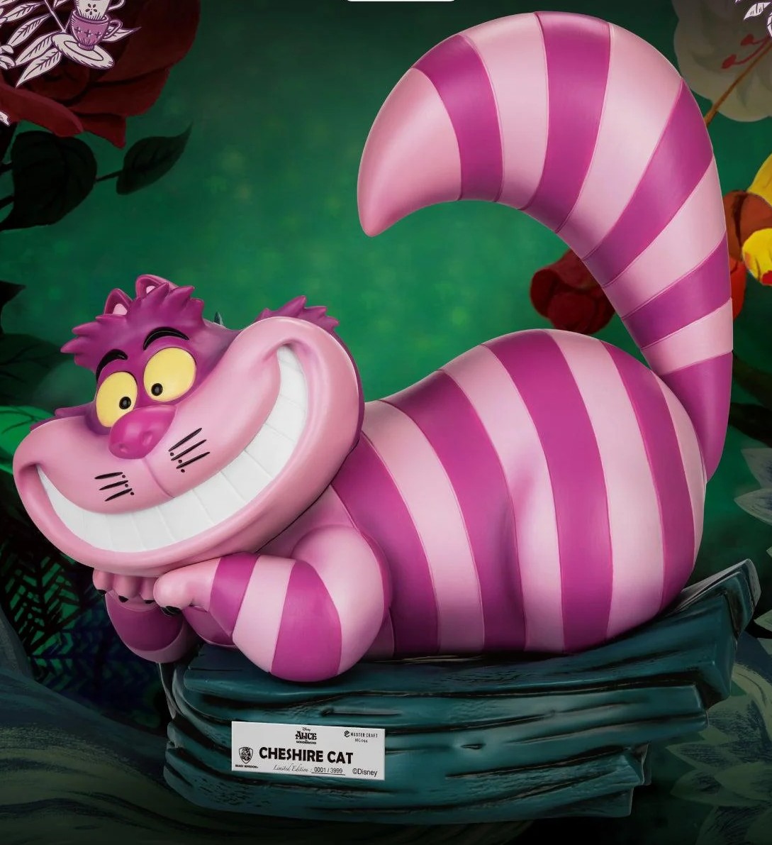 Inspiration image of a pink and purple Cheshire Cat character design for a custom sculpted cake